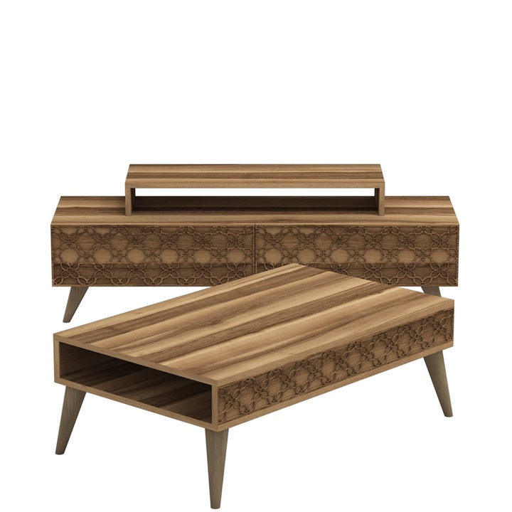 Set mobilier living Woody Fashion, melaminat, nuc, 140x49x42cm si 105x37x60cm