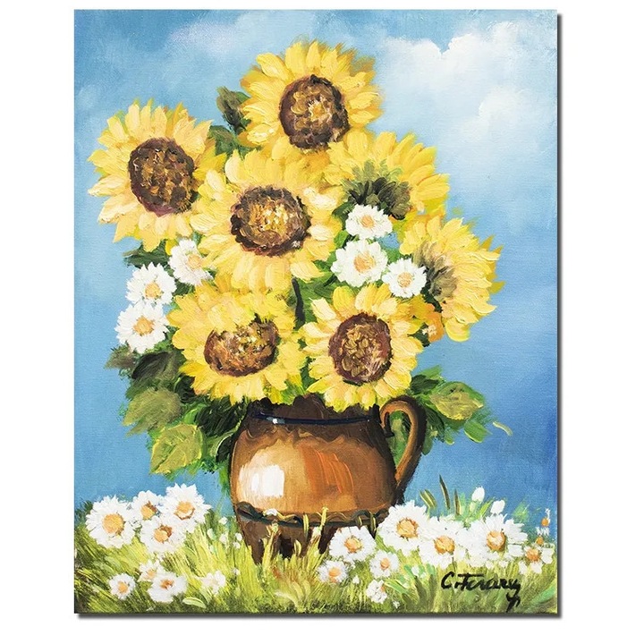 Tablou pictat manual, Carafa cu floarea soarelui si margarete, 50x40cm ulei pe panza, Constantin Feraru