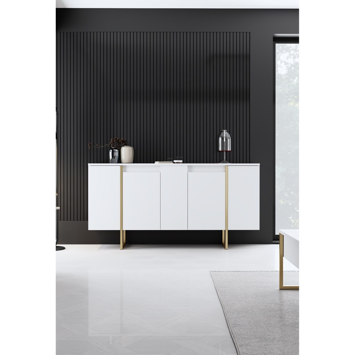 Consola mobilier, Woody Fashion, alb, auriu, 160x35x80cm