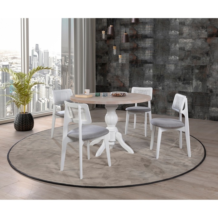 Set masa si 4 scaune, Woody Fashion, lemn de fag, 120x120cm