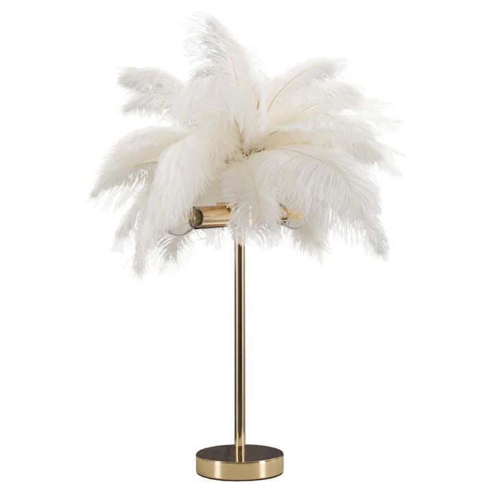 Настолна лампа Mauro Ferretti, 2 точки на осветление, златист метал, абажур от бели пера, 40x55см