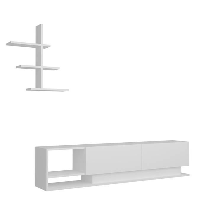 Comoda TV, Woody Fashion, 180x40x30cm, 70x65,4x15cm, cu rafturi, montabila pe perete