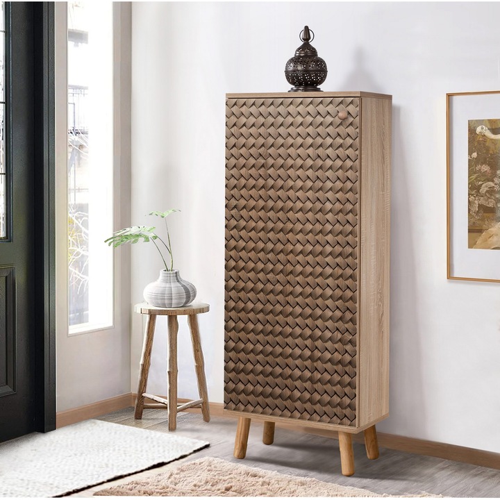 Dulap pantofi, Woody Fashion, 100% melamina, picioare din lemn masiv, 50x135x38cm