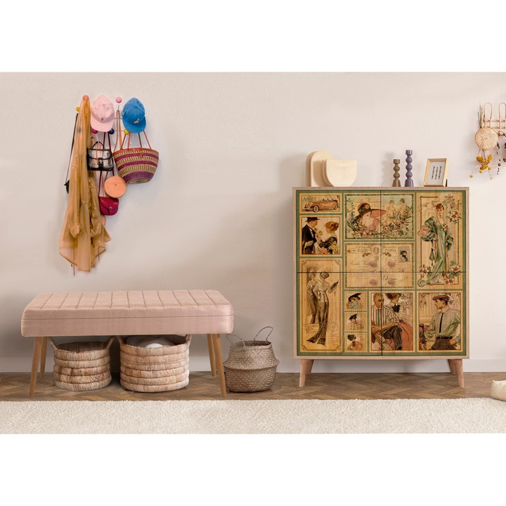 Set mobilier hol, Woody Fashion, pantofar si banca, catifea, 95x111x36cm si 105x49x40cm