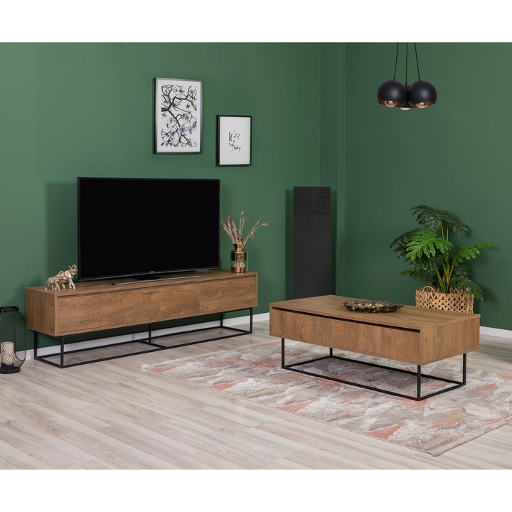 Set mobilier living, Woody Fashion, 180x50x40cm, 120x43x60cm, picioare metalice