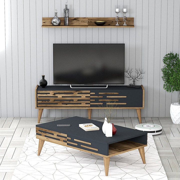 Set mobilier living, Woody Fashion, maro/negru, 140x35x45cm