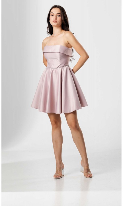 Къса рокля EMILIA, с корсет тип бюст, А-силует и лъскава връзка на талията, Прашно розово
