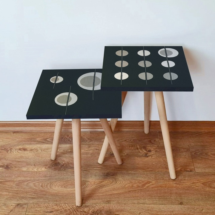 Set 2 mese Woody Fashion, MDF, picioare lemn fag, 35x47x35cm si 35x42x35cm