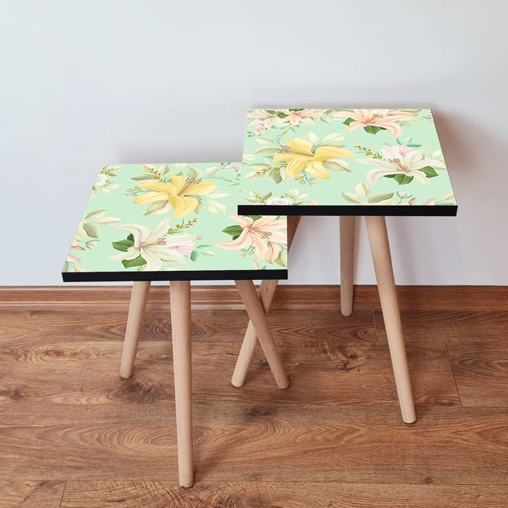 Mese de nasture (set 2 piese), Woody Fashion, 100% MDF, picioare din lemn de fag, 35x35x47cm, 35x35x42cm