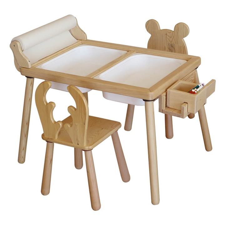 Set masa pentru copii, Woody Fashion, 2 scaune, 53x52x74cm, 28x32x28cm, lemn de pin