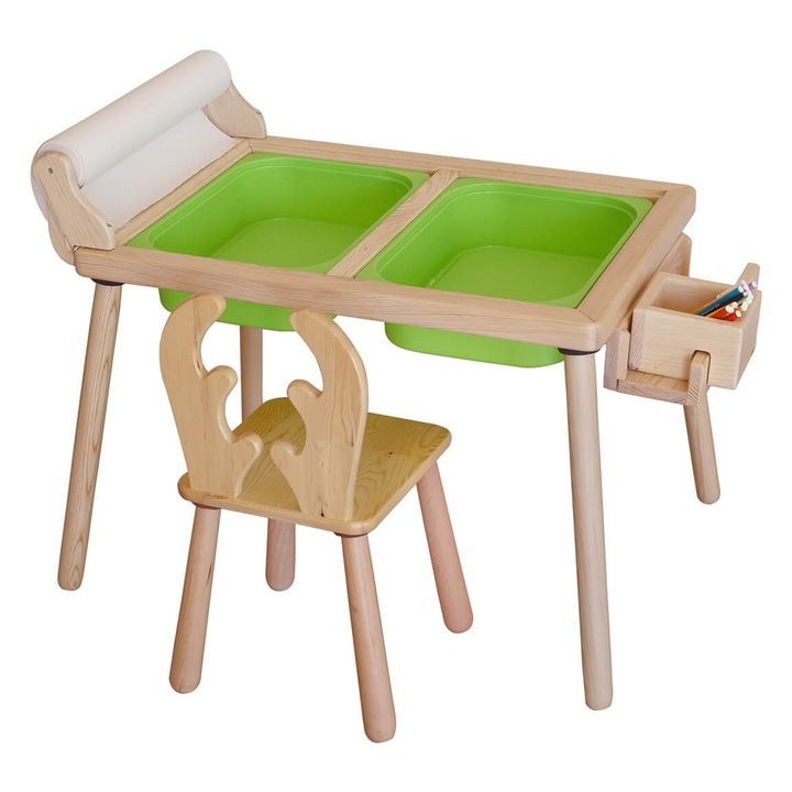 Set masa si scaun copii Woody Fashion, lemn pin, 53x52x74cm, 28x32x28cm