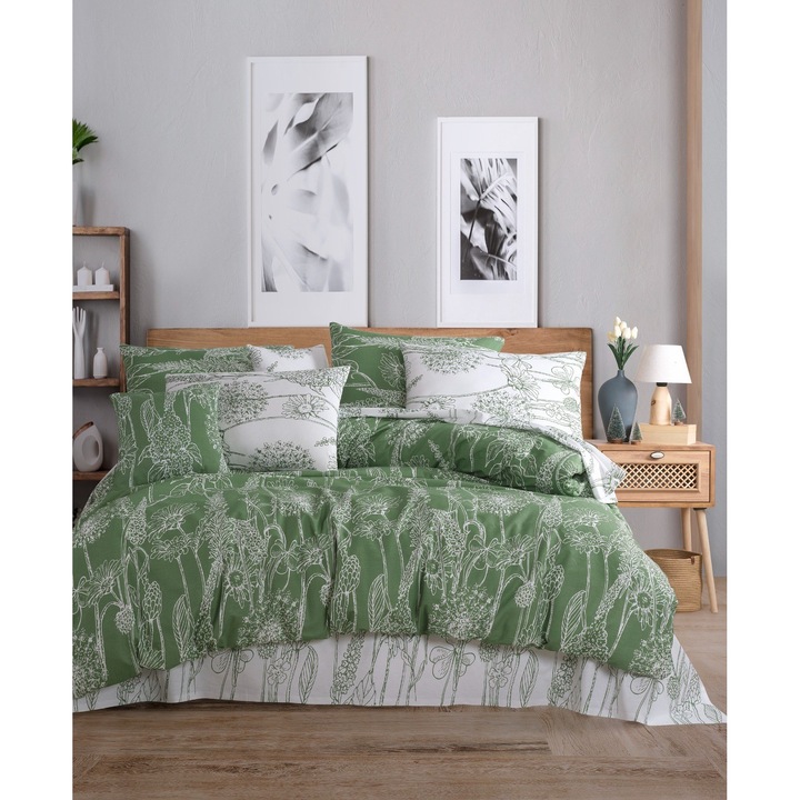 Paplanhuzat/2 párnahuzat szett SZÍNES PAMUT, zöld/fehér, 260x220cm/60x60cm