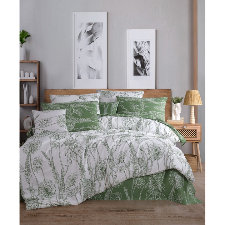 Paplanhuzat/2 párnahuzat szett SZÍNES PAMUT, pamut/poliészter, zöld/fehér, 260x220cm/60x60cm