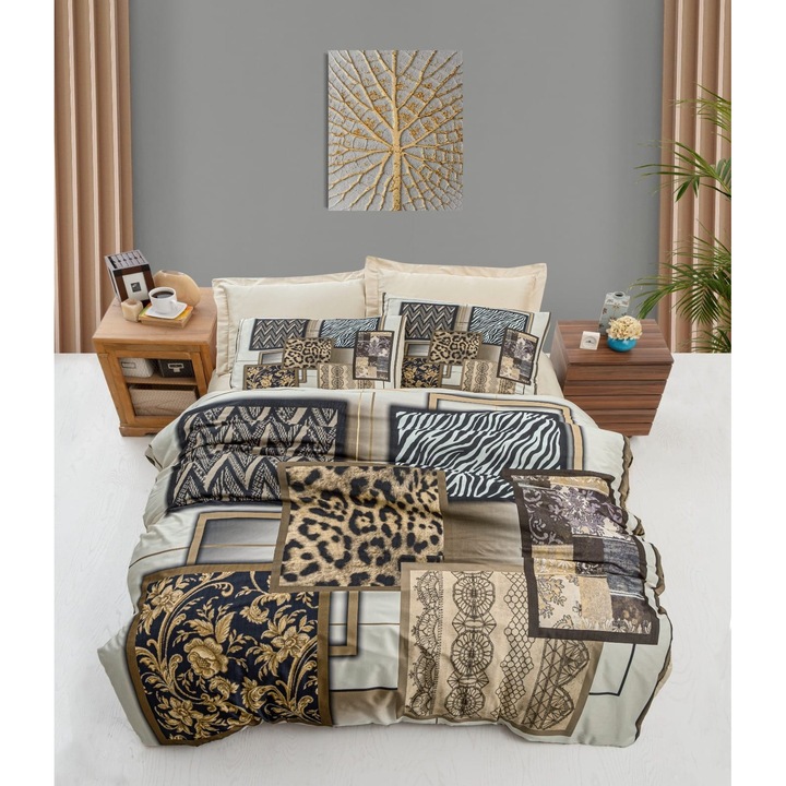 Set cuvertura dubla Colour Cotton, microfibra satinata, bumbac, multicolor, 200x220cm