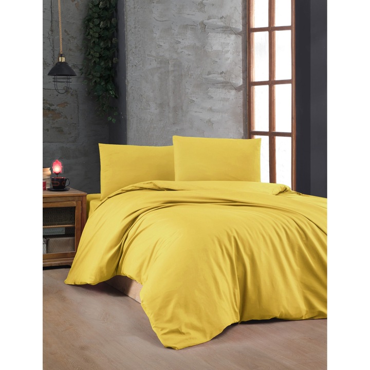 Paplanhuzat/2 párnahuzat szett SZÍNES PAMUT, pamut, sötétsárga, 200x200cm/60x60cm