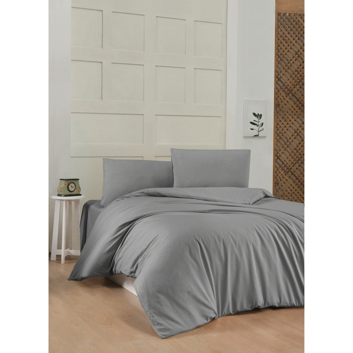 Paplanhuzat/2 párnahuzat szett SZÍNES PAMUT, pamut, sötétszürke, 200x200cm/60x60cm