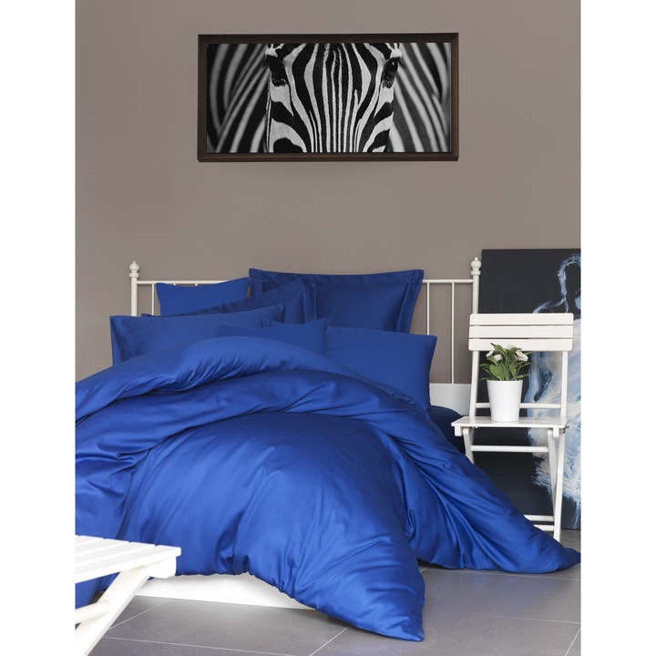 Cearceaf de pat din satin, COLOUR COTTON, 160x200+30cm, 100% bumbac, 210 fire, albastru inchis