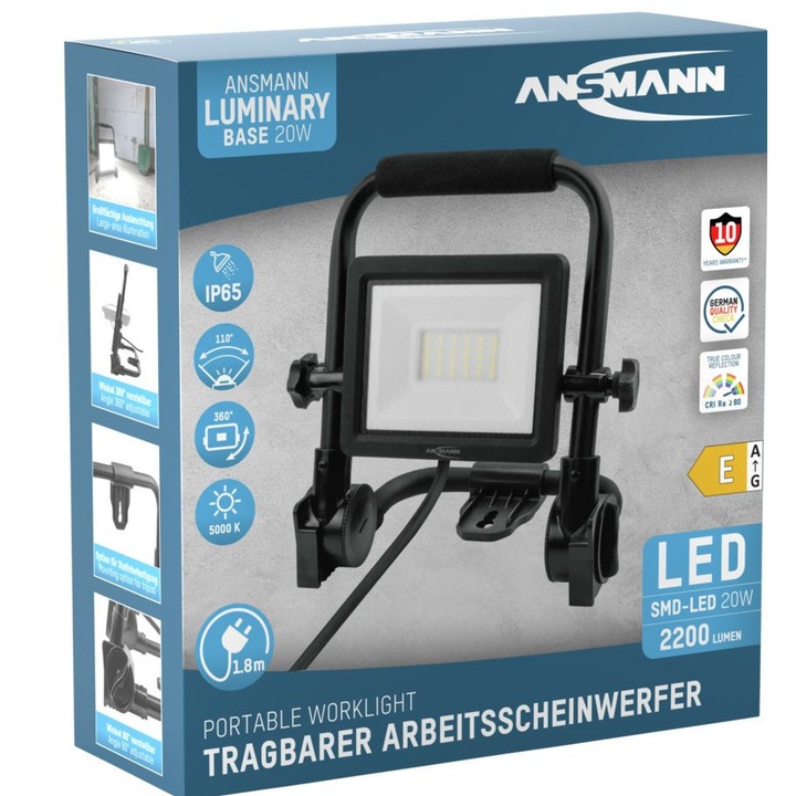 Работен рефлектор Ansmann FL20W-AC, 2200lm, 20W, IP65, 180cm, черен