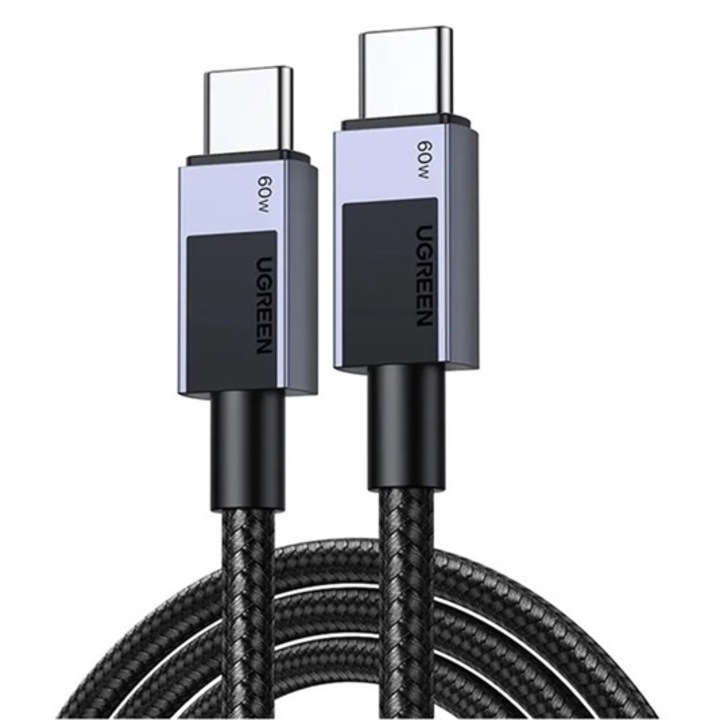 Ugreen l524 adatkábel, type-c - type-c, 60w, pd gyorstöltő, 100cm, cipőfűző, sötétszürke