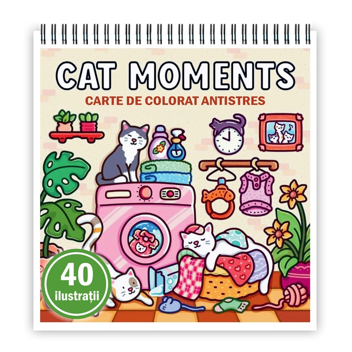 Антистресова книжка за оцветяване, 40 илюстрации с котешки моменти, 86 страници, формат: A4, издателство Cadouri Legendare