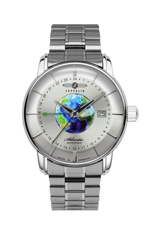 Ceas barbatesc Carhartt Zeppelin Atlantic 8468MB1, 42mm, bratara din otel, cadran argintiu cu glob, rezistenta apa 5 ATM