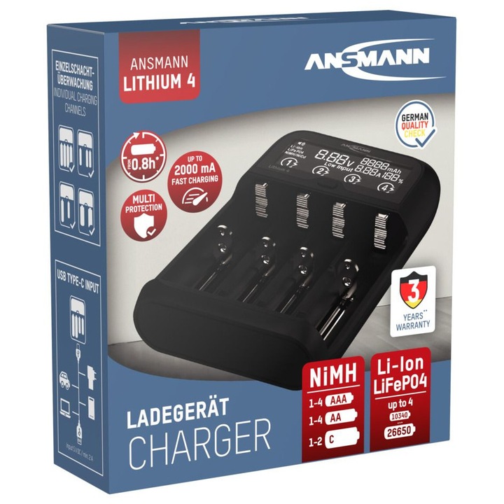 Зарядно устройство Ansmann Lithium 4, универсално, Черно, 5V