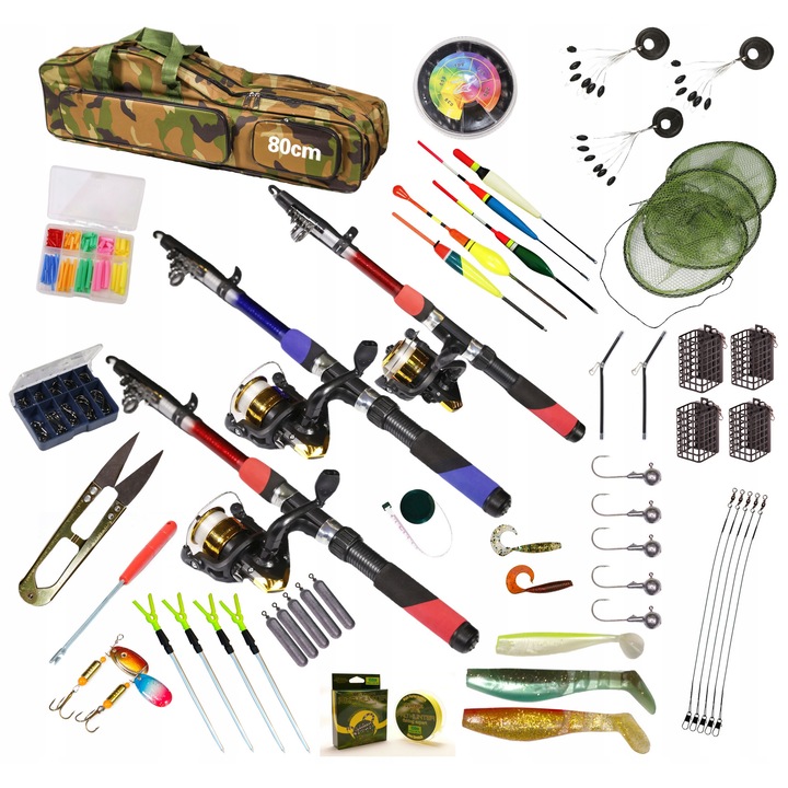 Пълен риболовен комплект, 3 телескопични въдици 2.1 м, 2.4 м, 2.7 м, аксесоари включени, многоцветни