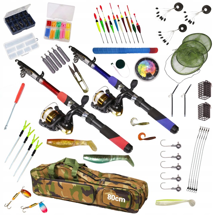 Пълен риболовен комплект, 3 в 1, 2 телескопични въдици 2.4 м и 2.7 м, аксесоари включени, многоцветен
