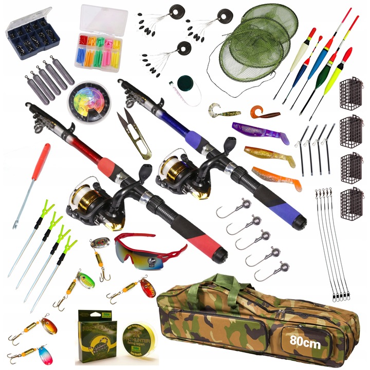 Пълен риболовен комплект, 2 броя телескопични въдици 2.7 м, 2 броя макари, Различни аксесоари, Многоцветен