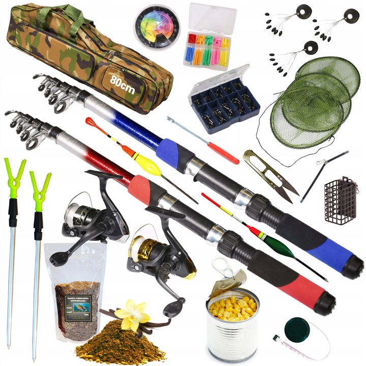 Пълен риболовен комплект, 2 телескопични въдици 2.4 м, 2 макари, различни аксесоари, многоцветен