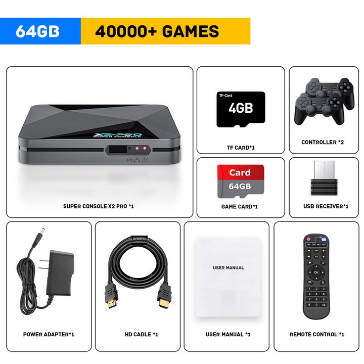 Consola jocuri retro Super Console X2 Pro, 2 controllere wireless, negru, 128GB