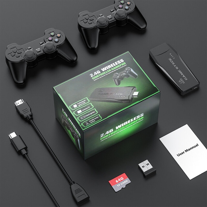 Stick de joc Super Console S2, 12000 jocuri retro, 9 emulatoare, 2 controlere wireless 2.4G, card TF 64G, conectare HDMI, set complet
