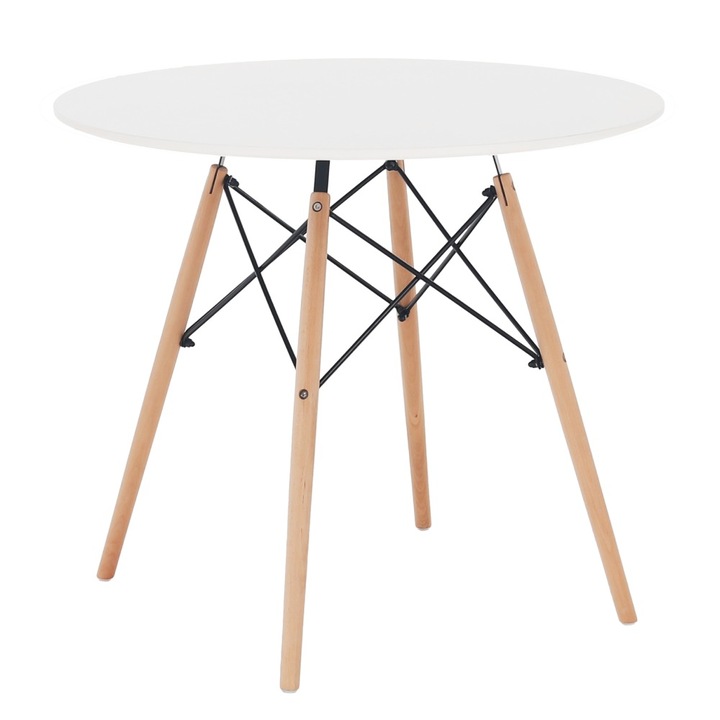 Кухненска Маса Dacenergy, Изработена От MDF, Крака От Бук, Черна Метална Рамка, Кръгла Форма, Бук И Бяло, Диаметър 80 См