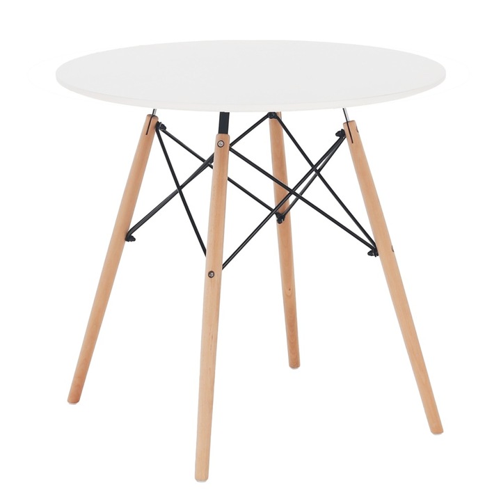 Кухненска Маса Dacenergy, Изработена От MDF, Крака От Бук, Черна Метална Рамка, Кръгла Форма, Бук И Бяло, Диаметър 60 См