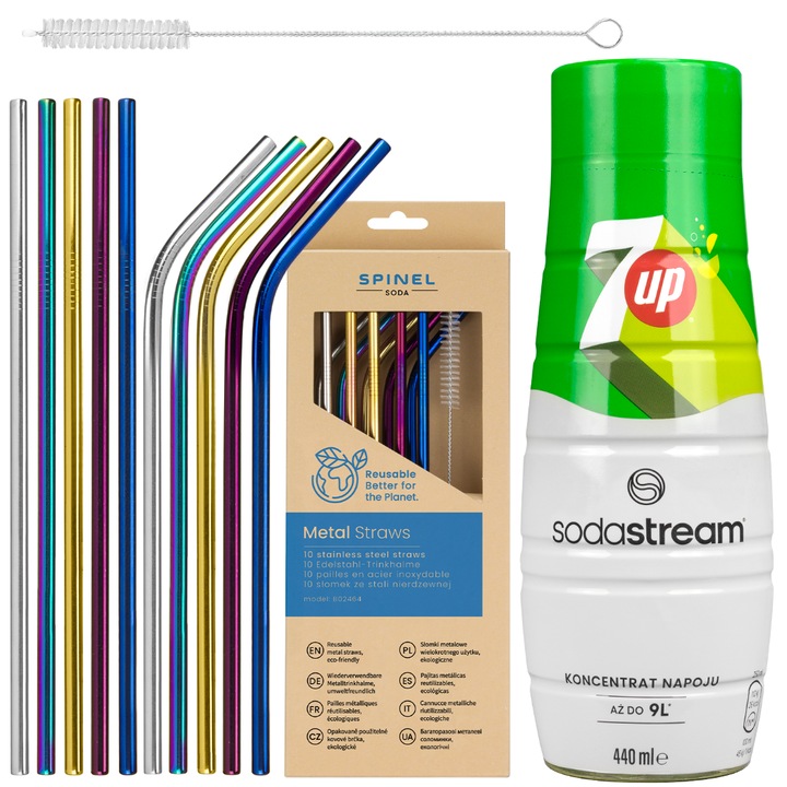 Сироп за SodaStream 7UP 440 ml, 1 брой + метални сламки SpinelSoda, 10 броя