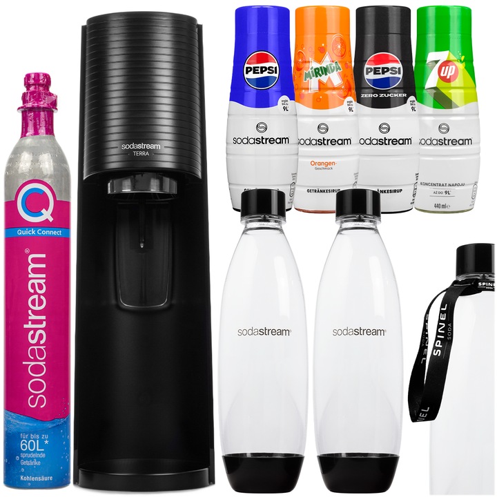 Машина за сода SodaStream Terra Black + 2 бутилки + 4 сиропа (Pepsi, Pepsi Max, 7up, Mirinda) + каишка от шпинел