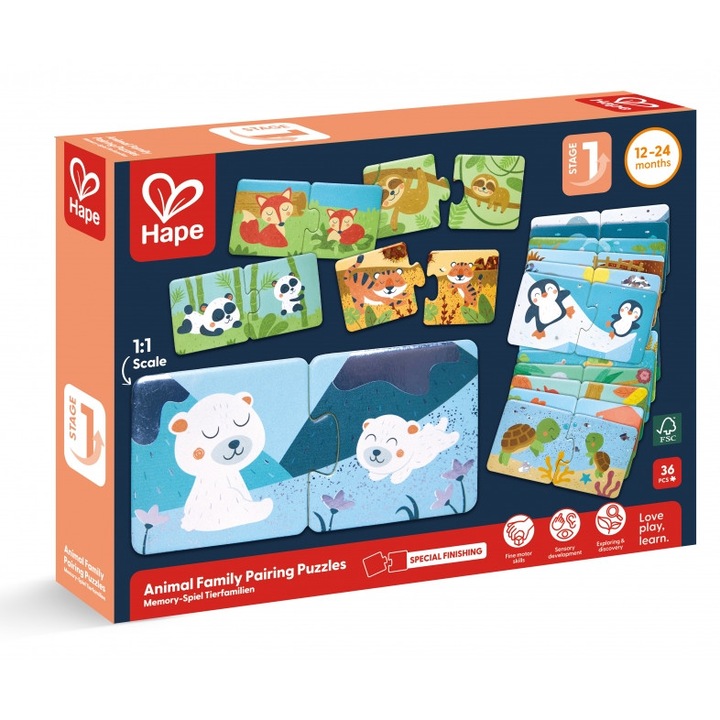 Детски образователен пъзел, Hape, Семейства животни, 36 части