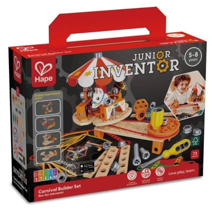 Set din lemn, Hape, Micul Inventator, Construieste-ti Propriul Carnaval, 73 de piese