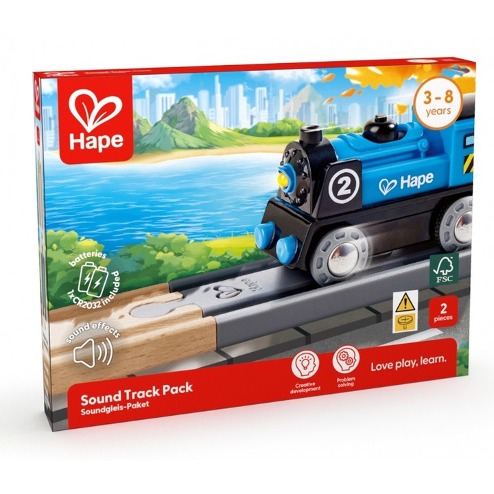 Set din lemn, Hape, Sina de cale ferata dreapta cu sunet, 2 piese