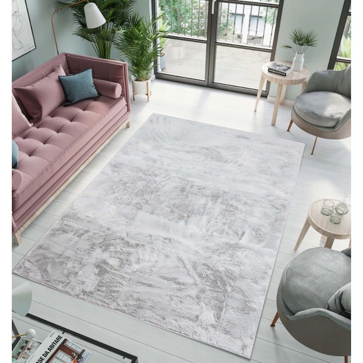 Covor Pufos, Softi Home, Iepure Nou, Material Poliester, Tip Fir Delicat, Moale, Pufos, Inaltime Fir 20 mm, Baza Antiderapanta Cu Nodule De Cauciuc, 80 x 120 cm, Argintiu