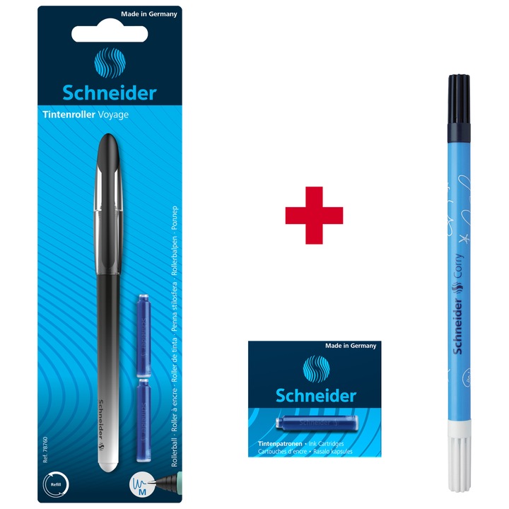 Roller Schneider Voyage+2 rezerve/ blister, Negru+ Patron stilou 6/cutie + Pic Corry