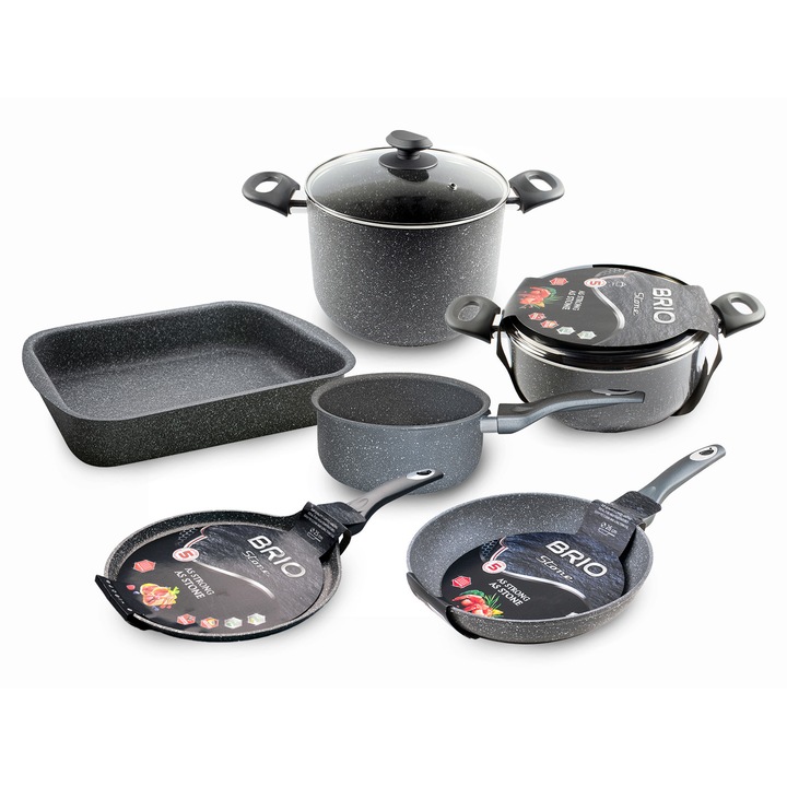 Комплект 8 тенджери, тигани и тава Brio Stone, сиви