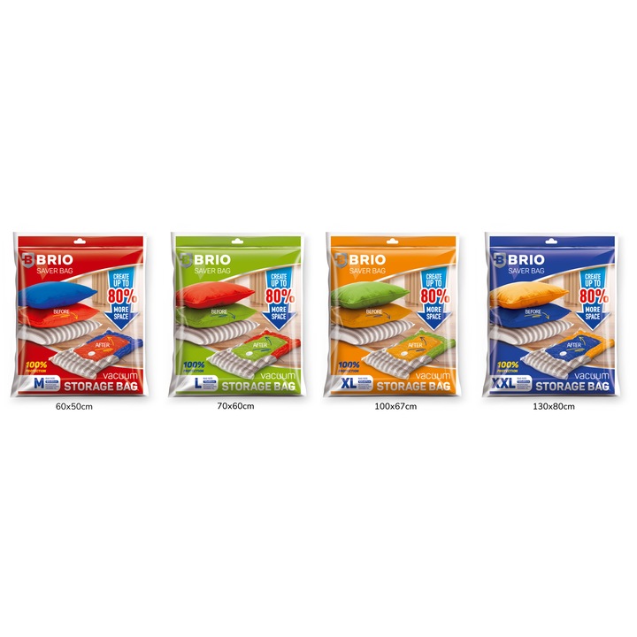 Комплект вакуумни пликове BRIO за съхранение на дрехи, 70 микрона, 4 размера