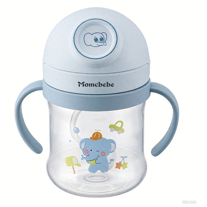 Cana cu pai pentru bebelusi, Momcbebe, 345ml, 13.5x8cm, albastra, cu maner detasabil, rezistenta la scurgeri