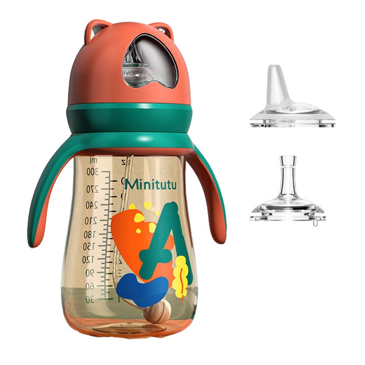 Sticla pentru bebelusi 3 in 1, Momcbebe, 300ml, rosie si verde, cu 3 tipuri de paiuri, rezistenta la caldura si frig, cu maner, 17.2x12cm