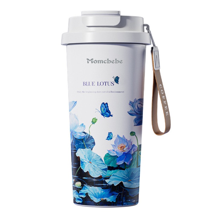 Термо чаша, Momcbebe, 600 мл, неръждаема стомана, модел Lotus, 19.5x7 см, синя, двуслойна изолация, 360° запечатване
