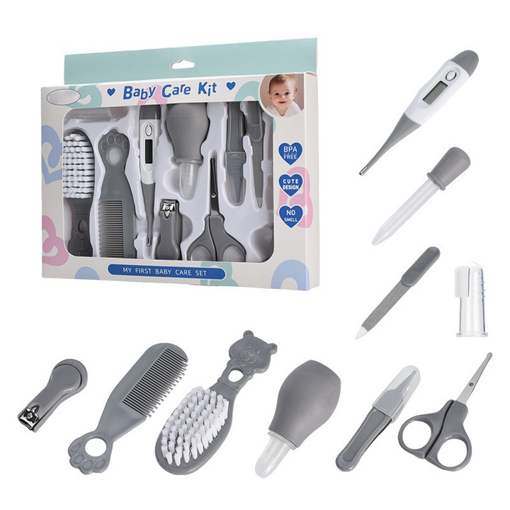 Set de ingrijire unghii pentru bebelusi 10 piese, Momcbebe, gri, 23.7x19.8x16.5cm