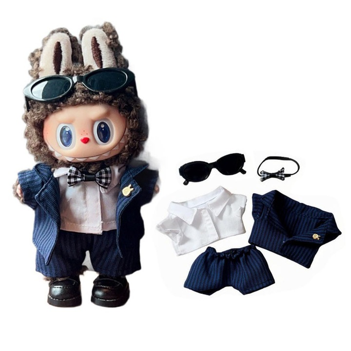Labubu baba függő ruha (a baba nem tartozék), poliészter, 17cm, kék öltöny + napszemüveg