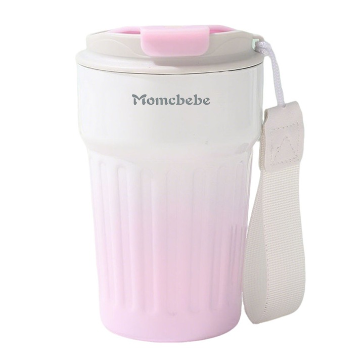 Смарт термо чаша, Momcbebe, с дисплей за температура, неръждаема стомана, водоустойчива, 400 мл, 14.5x6.8 см, розова