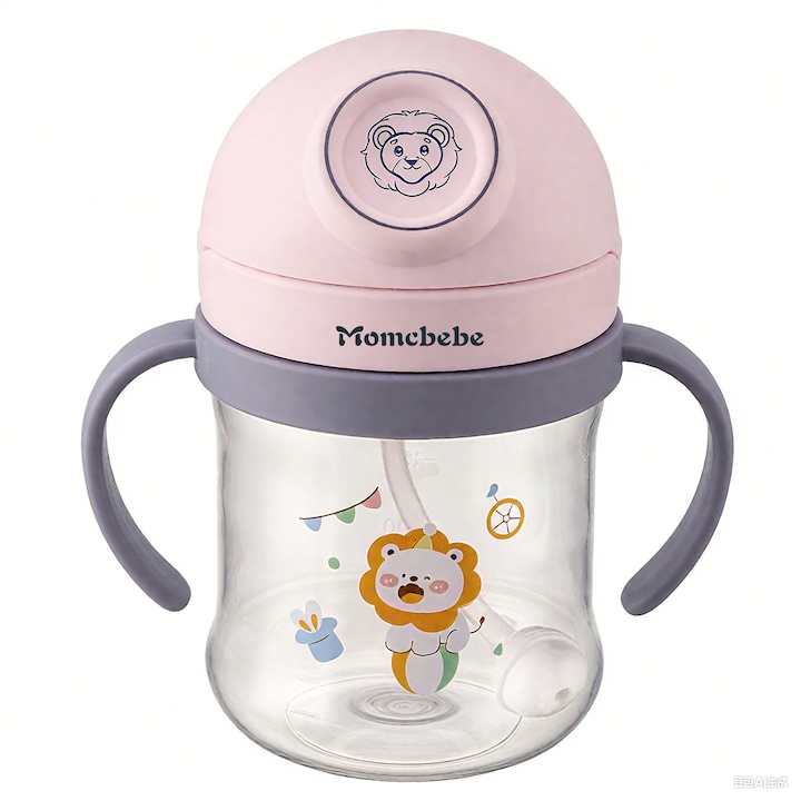 Cana cu pai pentru bebelusi Momcbebe, 345ml, roz, 13.5x8cm, cu maner detasabil, anti-scurgere